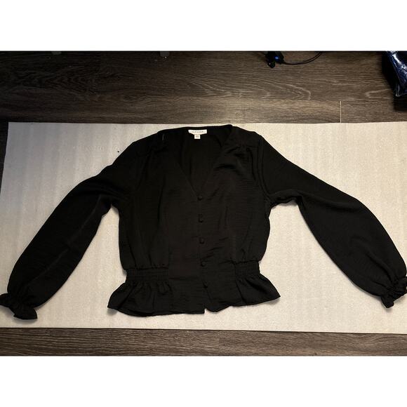 Topshop Black V-Neck Buttondown Smocked Peplum Top 2 Peasant Boho Classic Casual - Picture 5 of 12